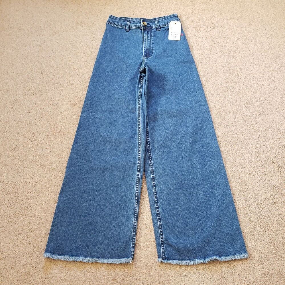 Nwt Billabong Free For Indigo High Elastic Waist Wide Baggy Leg Raw Hem Jeans 24